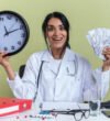 excited young female doctor wearing medical robe with stethoscope sits at desk with medical tools holding wall clock with cash isolated on olive green background